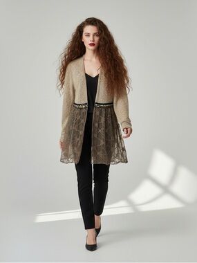 PS Fashion Vintage Boho Beaded Sheer Knit Cardigan Brown Size S Fairycore